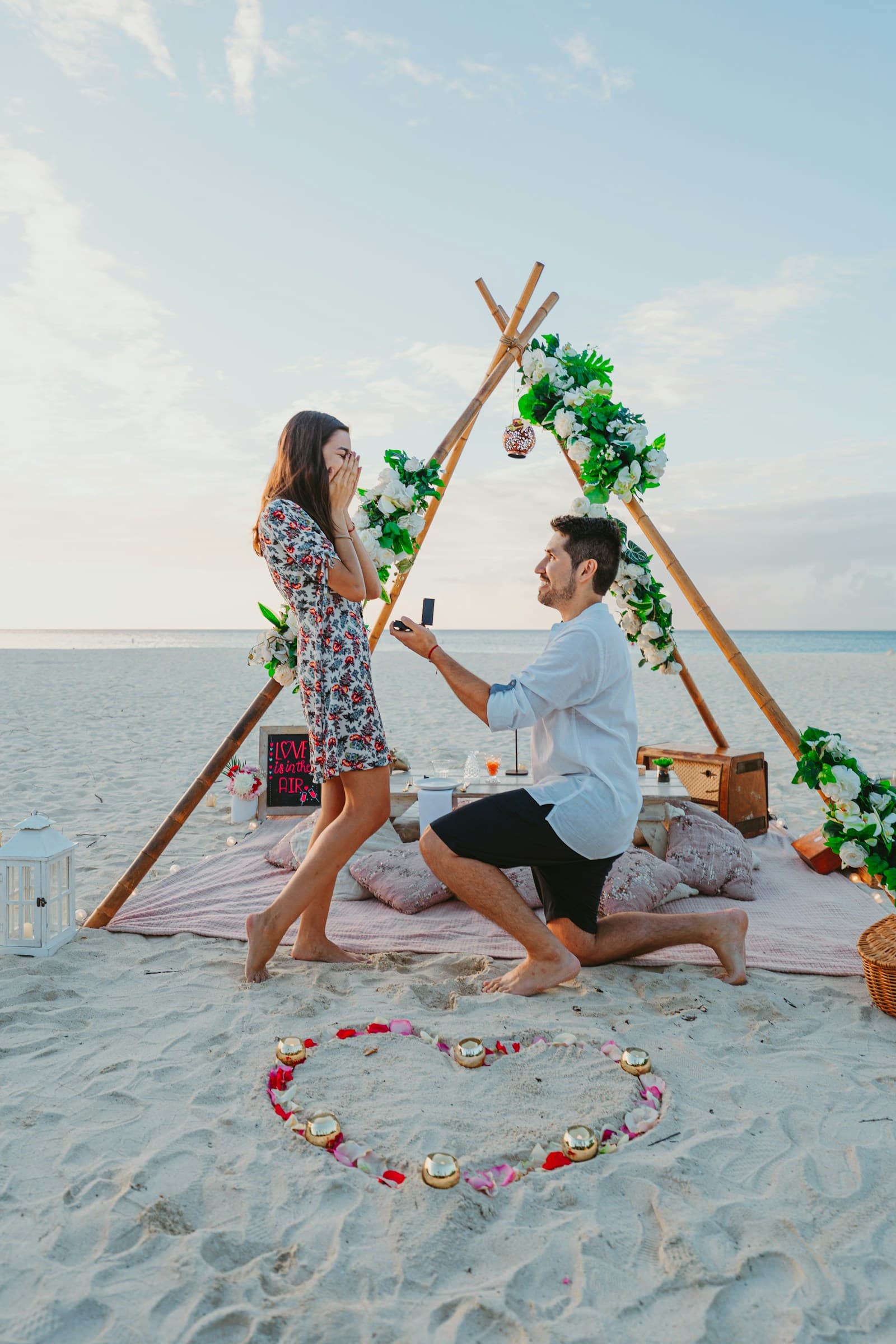 A beach proposal at sunset in Aruba