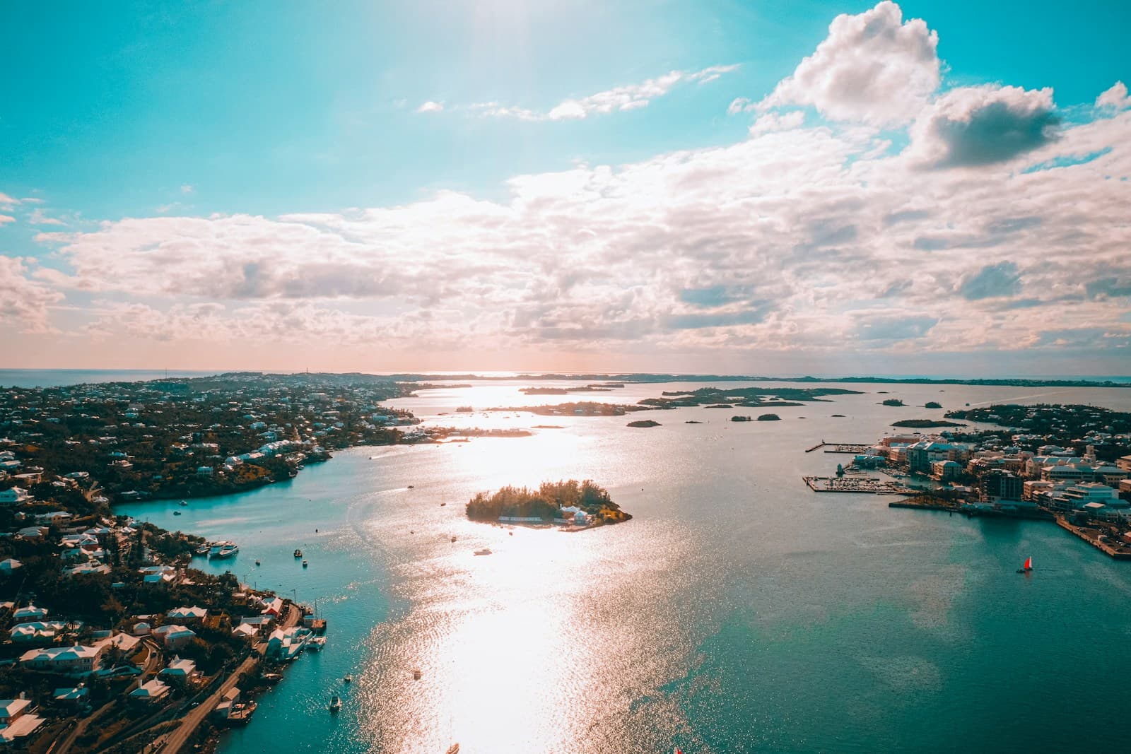 Aerial view of Hamilton Harbour and white-roofed buildings in Bermuda