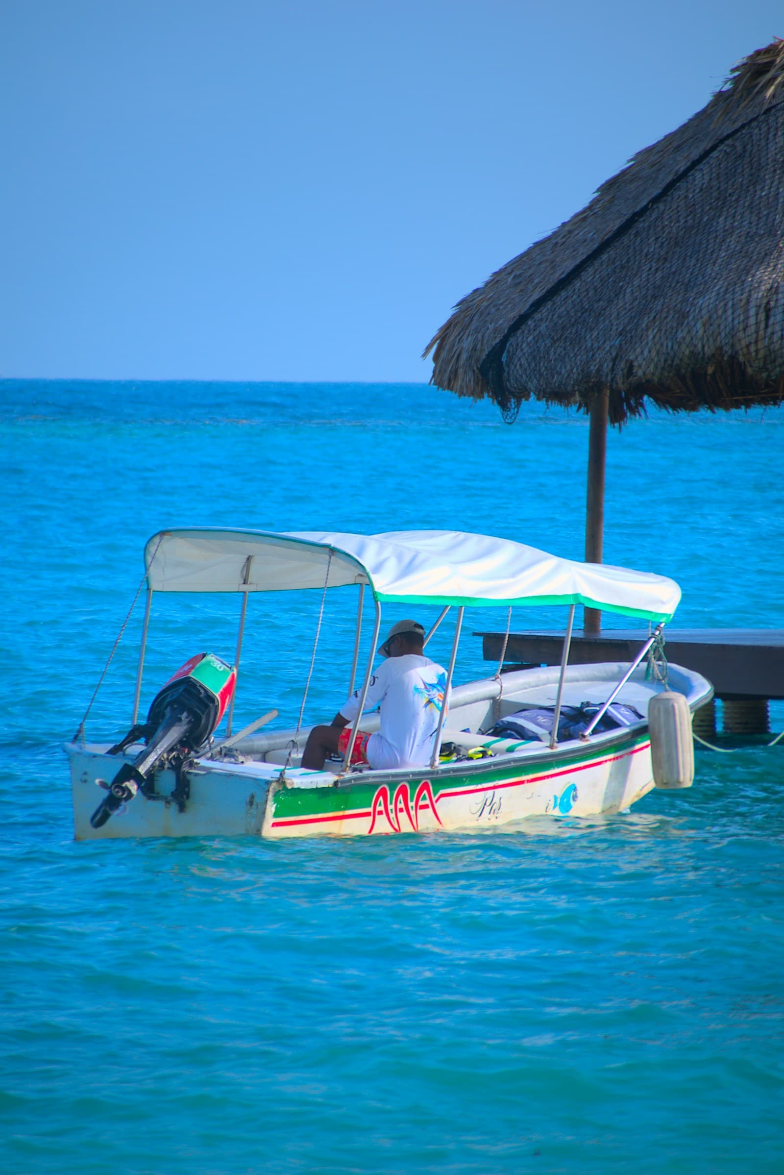 Two people in a small boat near the Islas del Rosario, Cartagena, Colombia