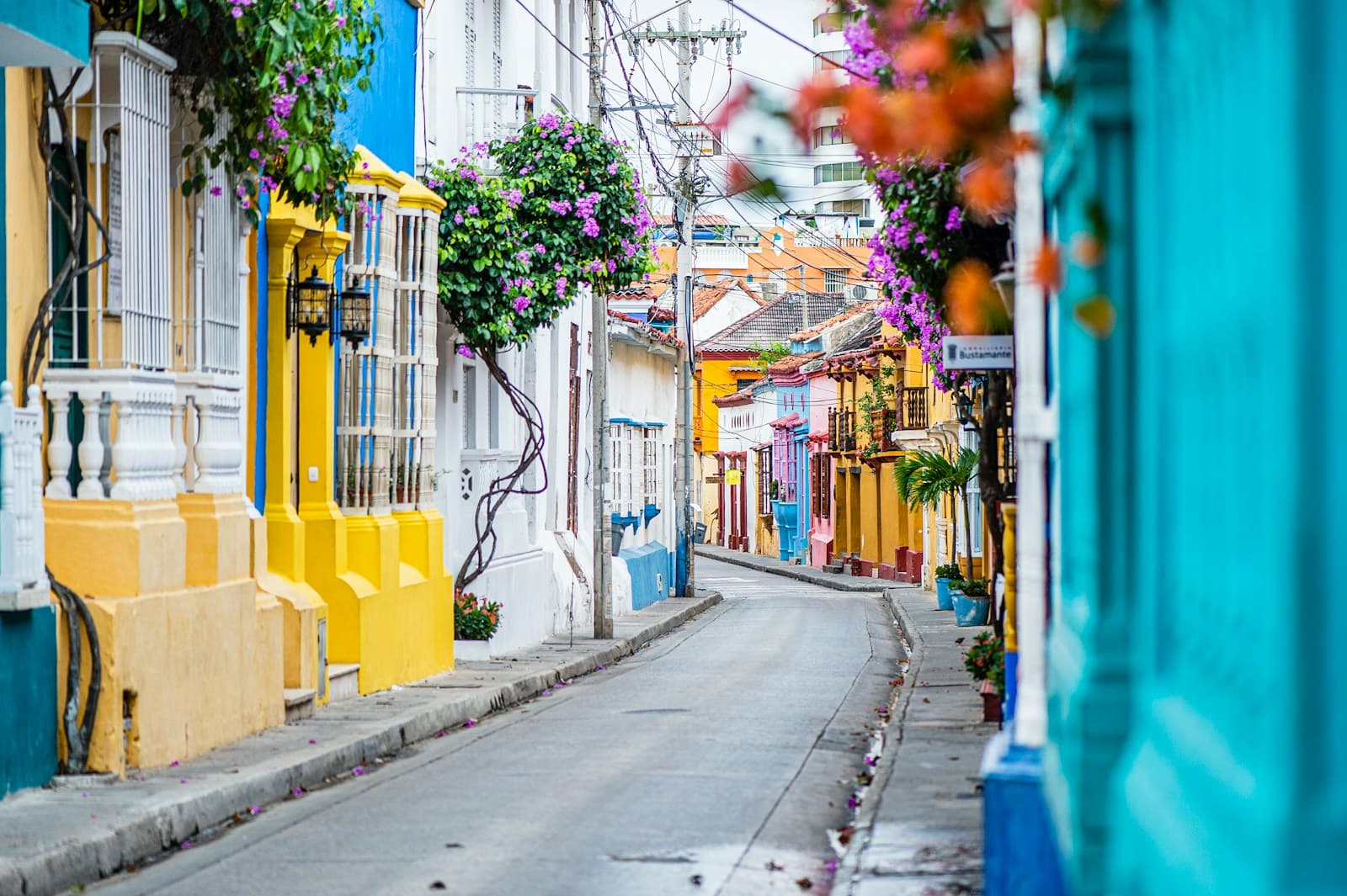A colorful colonial street in Cartagena, Colombia