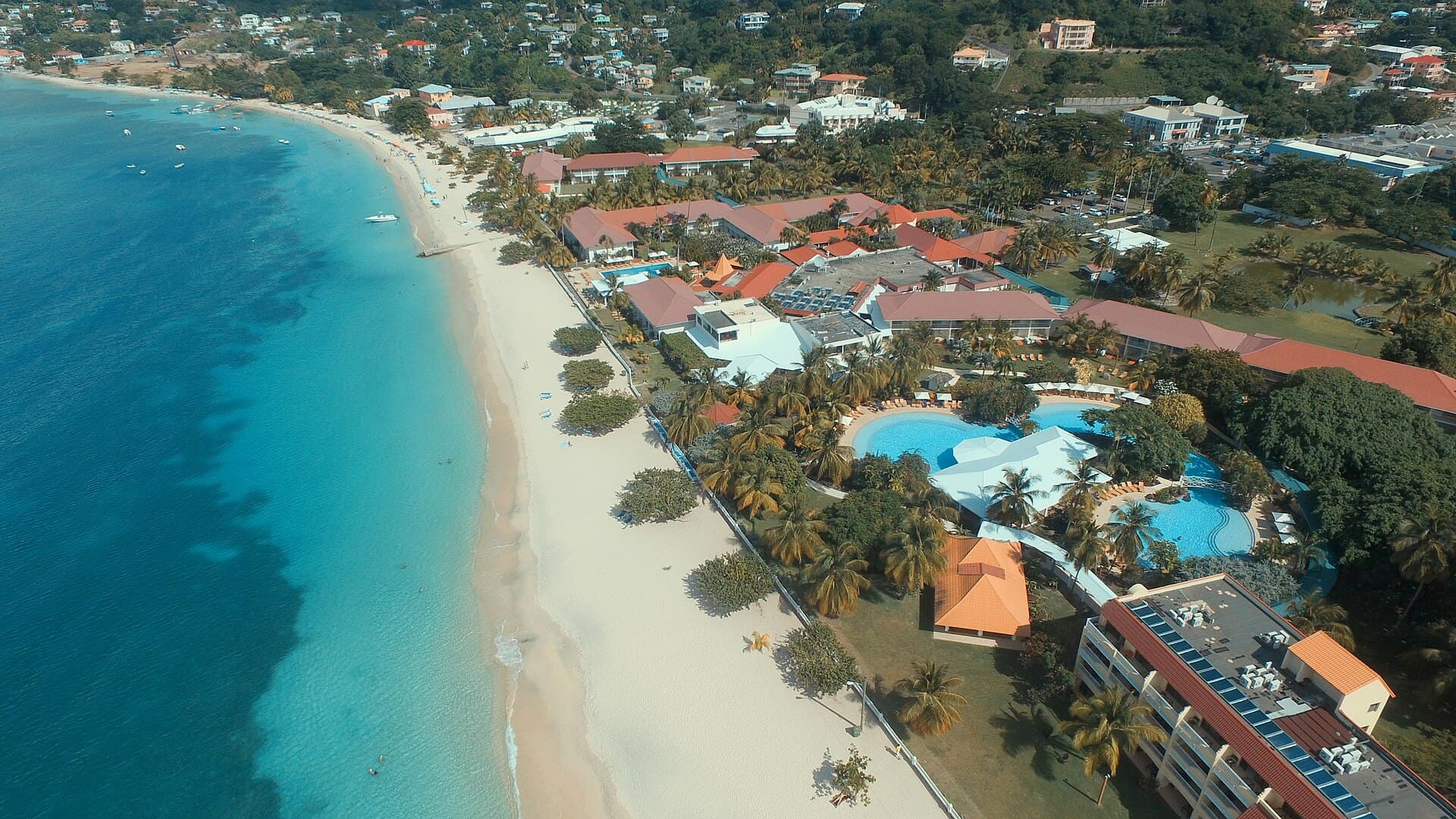 Grand Anse Beach and a waterfront resort from above, Grenada