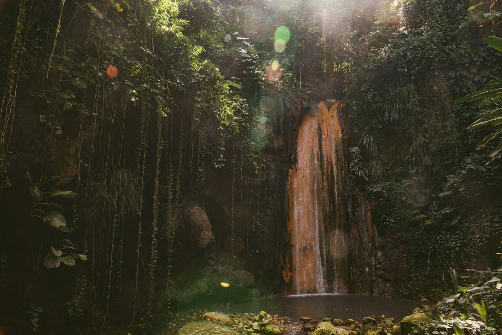 Diamond Falls in Saint Lucia, with mineral-stained rock and tropical forest