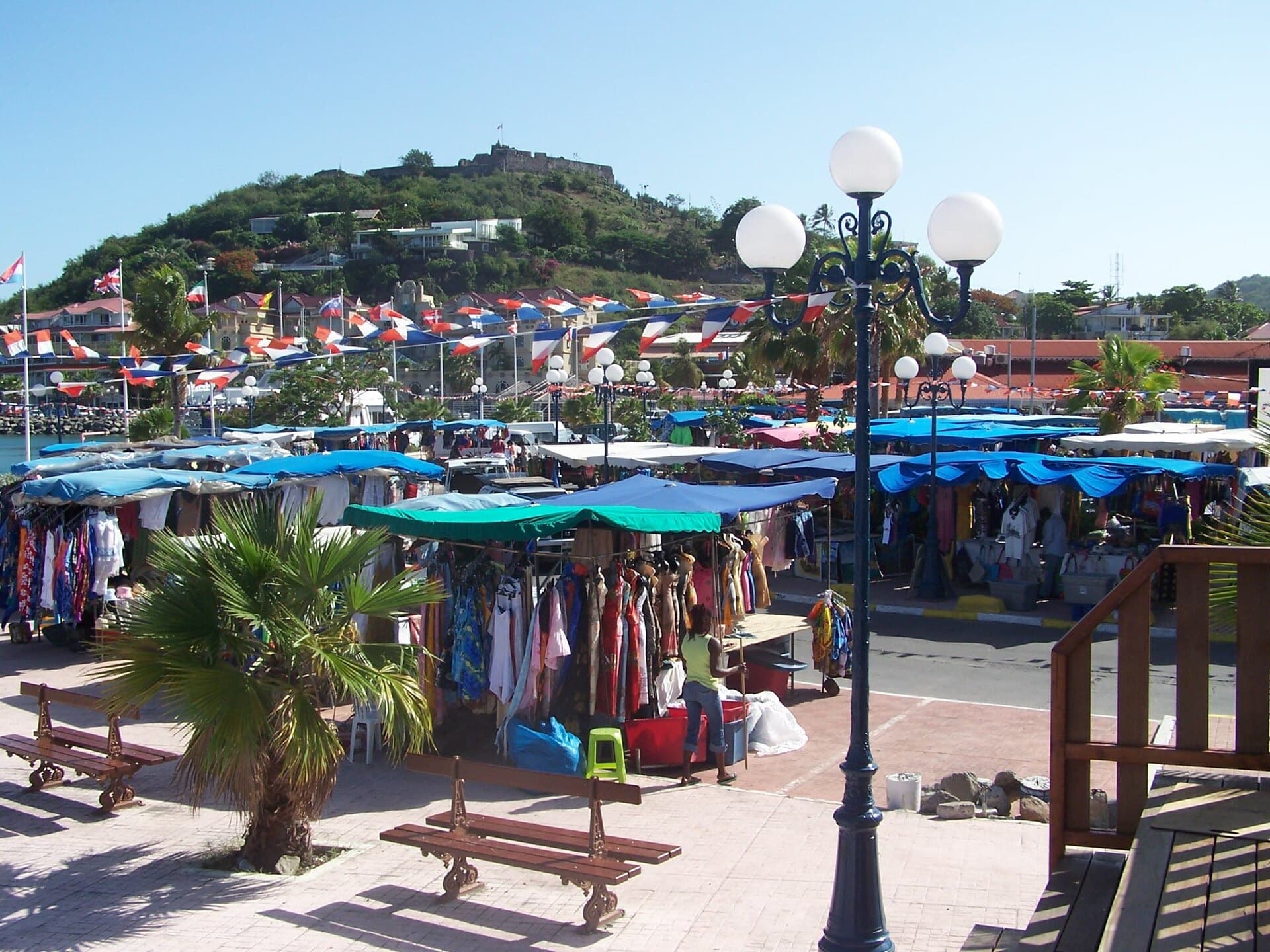 Open-air shopping stalls at Marigot Market, Saint Martin