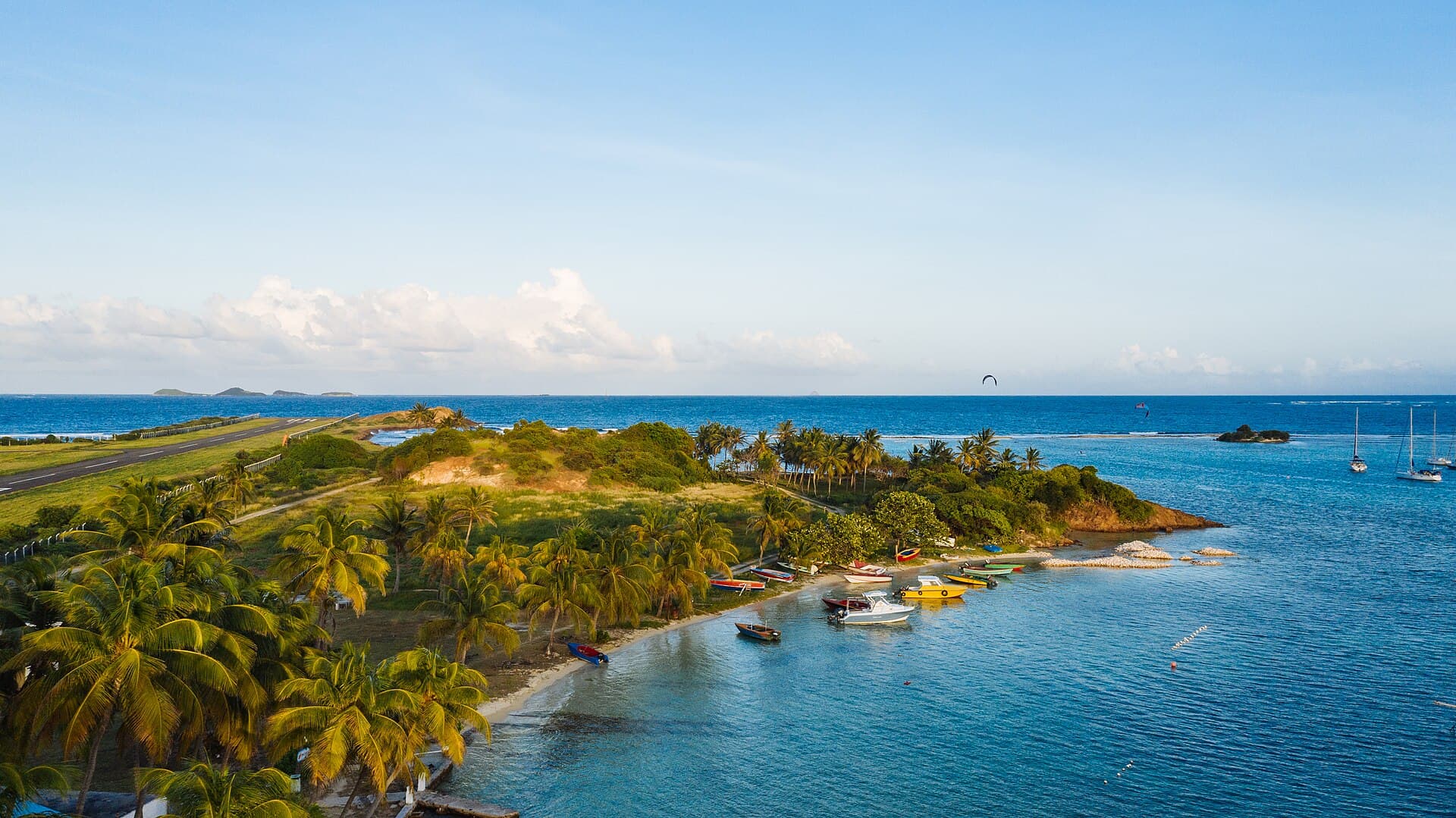 Clifton harbour, beach, and runway on Union Island in the Grenadines