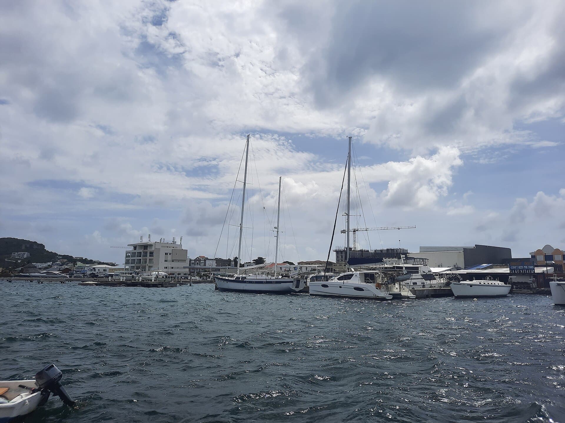 Sailboats and a catamaran on Simpson Bay Lagoon, Sint Maarten
