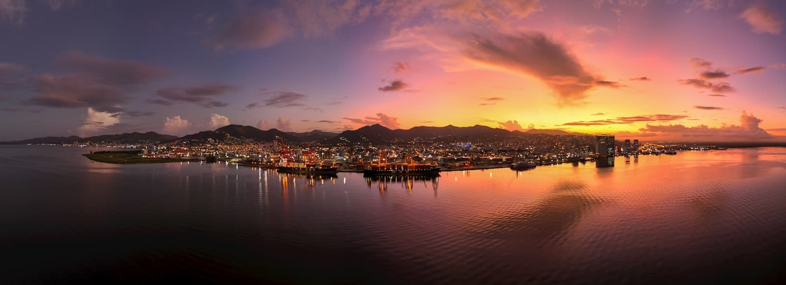 Sunrise over the harbor in Port of Spain, Trinidad and Tobago