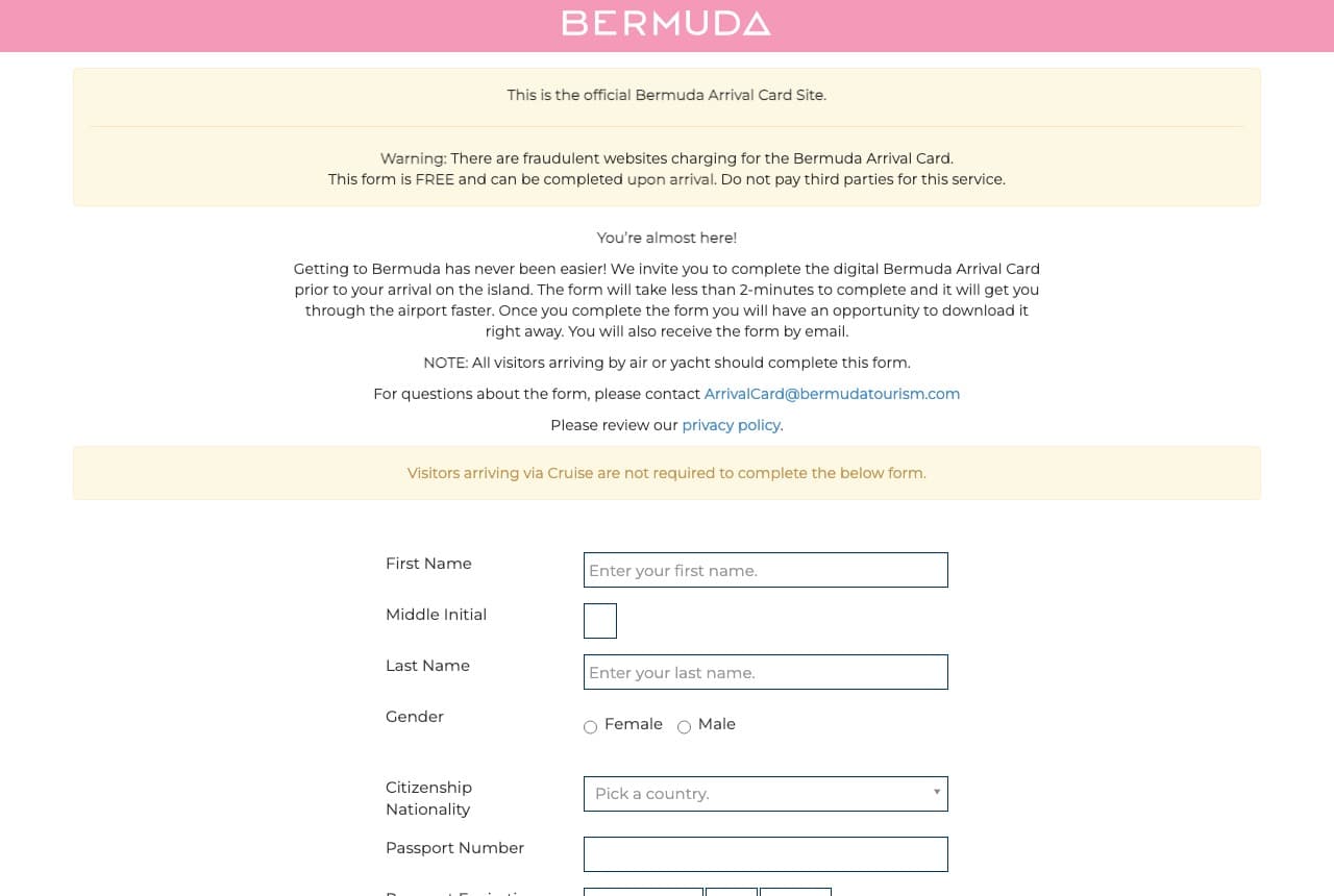 Official Bermuda Arrival Card website
